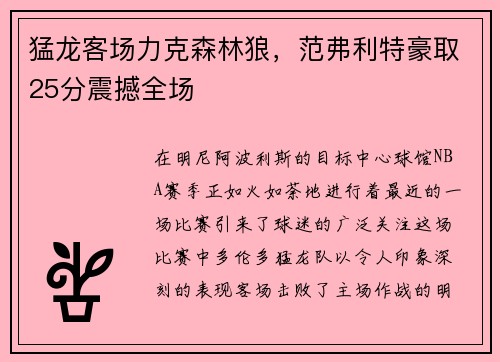 猛龙客场力克森林狼，范弗利特豪取25分震撼全场