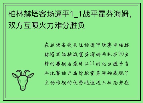 柏林赫塔客场逼平1_1战平霍芬海姆，双方互喷火力难分胜负