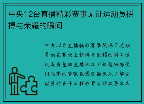 中央12台直播精彩赛事见证运动员拼搏与荣耀的瞬间