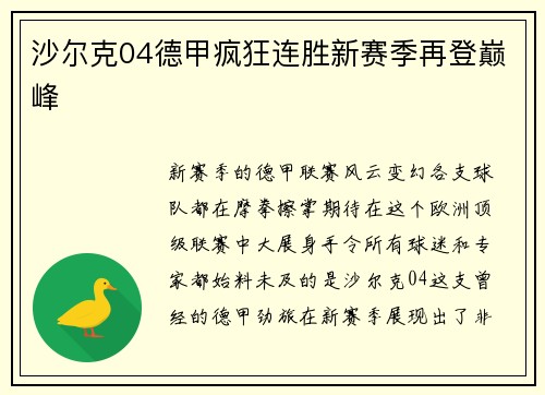 沙尔克04德甲疯狂连胜新赛季再登巅峰